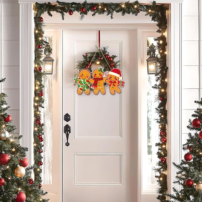 Whaline Christmas Wooden Hanging Sign Gingerbread Man Candy Welcome Wood Sign Xmas Holiday Door Decor Signs for Indoor Outdoor Porch Wall