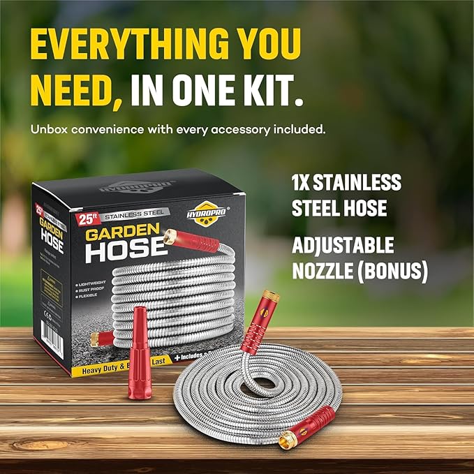 Stainless Steel Water Hose | Heavy Duty Metal Garden Hose with Nozzle | Kink Free, Anti Rust | Flexible and Lightweight Water Pipe for Gardening | Available in Different Sizes | HydroPro