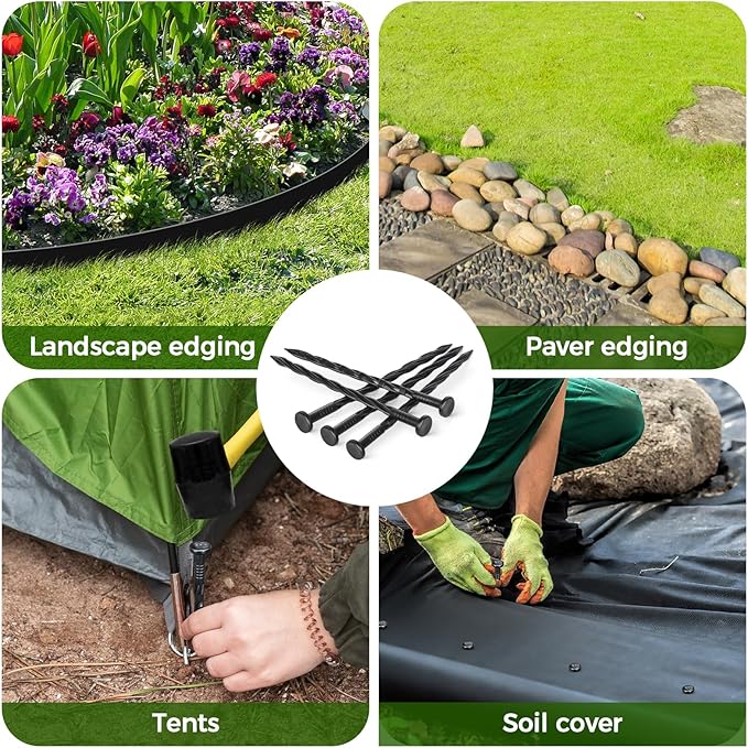 100 PCS Landscape Edging Stakes, Plastic 8-Inch Garden Anchoring Spikes, Spiral Nylon Spikes for Garden Lawn Yard Paver Edging, Weed Barriers, Artificial Turf, Tent Accessories, Grass Pathway