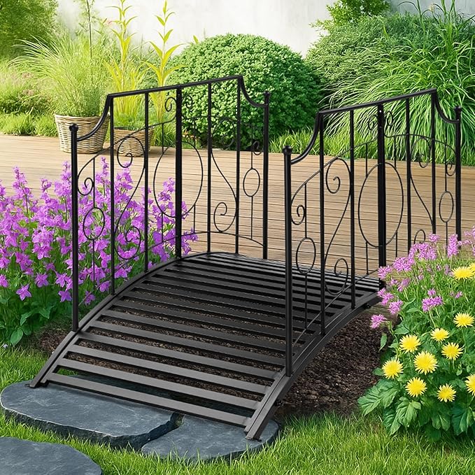 Outvita Metal Garden Bridge for Outdoor, Elegant Decorative Bridge with Powder-Coated Finish and Security Guardrail for Patio Pond Backyard Landscaping (Mirror)