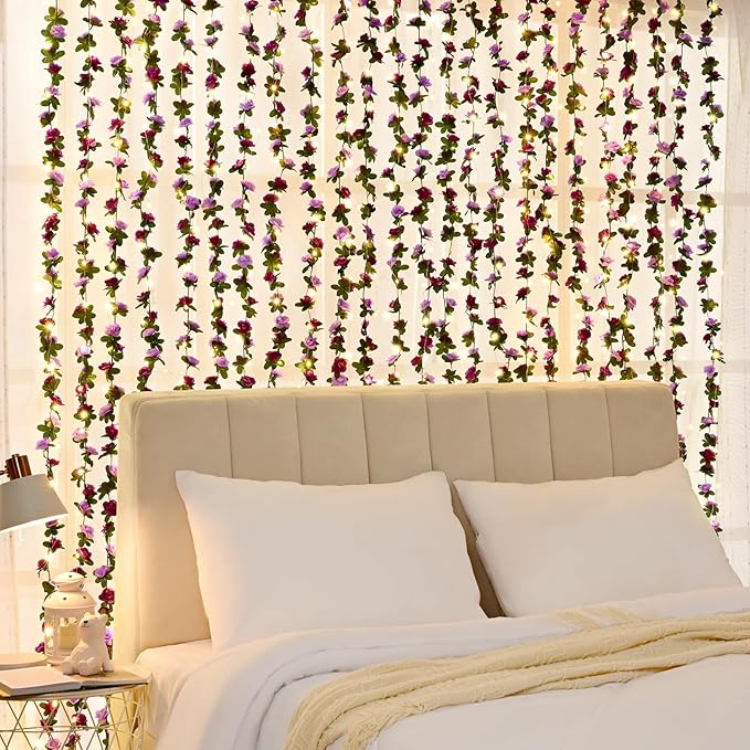 BLEUM CADE 5Pcs 41Ft Flower Garland Artificial Rose Vines with 32.8Ft String Lights, Cute Fake Hanging Flower Vines Floral Garland Decorations for Wedding Party Wall Room Decor Aesthetic
