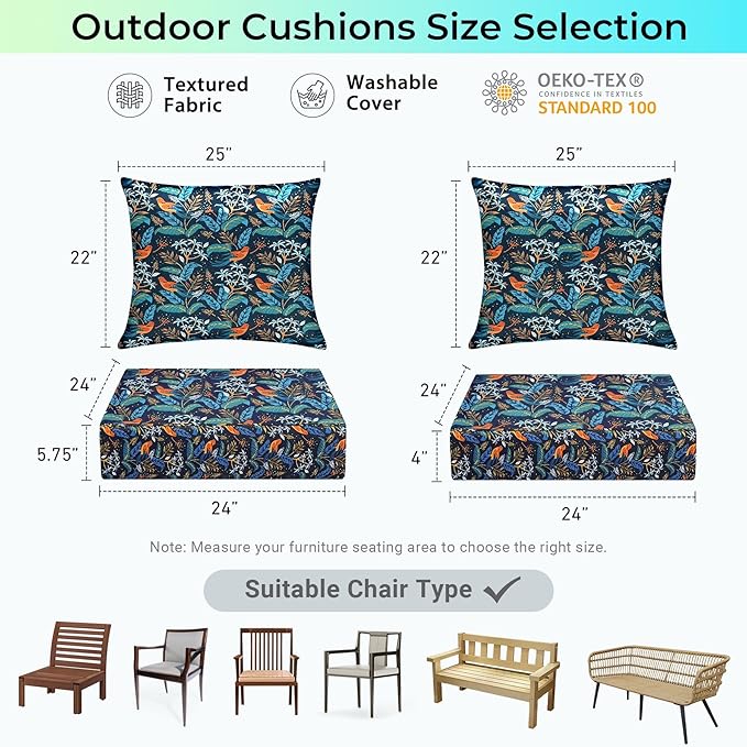 Outdoor Cushions for Patio Furniture,Outdoor Seat Cushion Set 24 x 24 x 5.75 Inch,Waterproof & Fade Resistant Outdoor Chair Cushions,Deep Patio Chair Cushion with Removable Cover,Nightingale