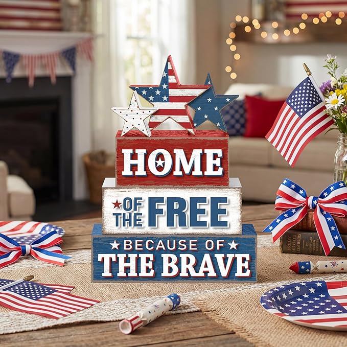 4 Pcs 4th of July Patriotic Table Decor Flag Star Wooden Sign Home of the Free Because of the Brave Block Red White Blue Tiered Tray Decor Rustic Tabletop Centerpiece for Home Desk Shelf Mantel