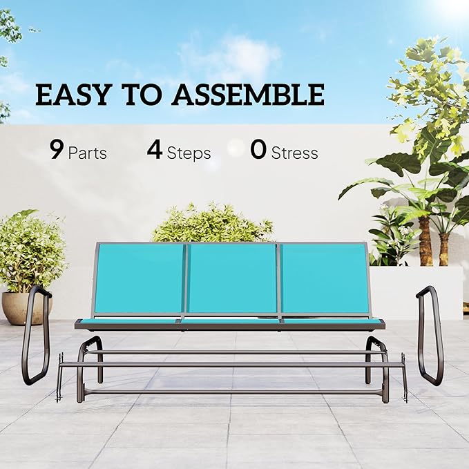 Outsunny 3-Person Patio Glider Bench, Outdoor Porch Glider Swing with 3 Seats, Breathable Mesh Fabric, Metal Frame, Blue