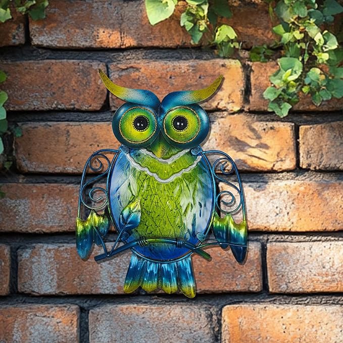 LIFFY Cute Metal Owl Wall Decor - Unique Outdoor Wall Art Decoration - Glass Hanging Wall Owl Decor Brighten Up Patio, Porch or Door, Garden Decoration, Birthday Gift Ideas