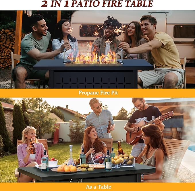 Vongrasig 7 Piece Patio Furniture Sets with 45 Inch Fire Pit Table All Weather PE Wicker Rattan Outdoor Sectional Sofa Couch Conversation Set w/Glass Table for Lawn, Garden, Backyard (Blue)