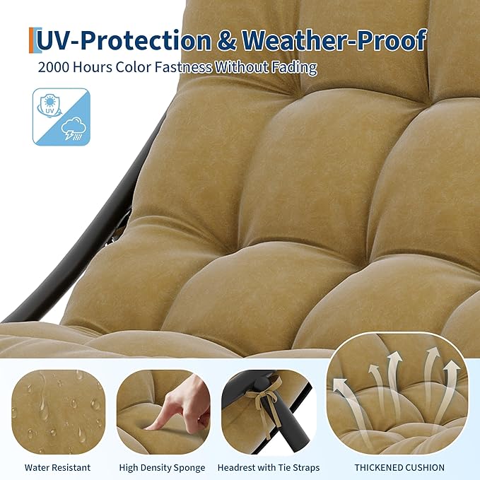 PeakPursuit Indoor Outdoor Papasan Rocking Chair with Cushion, Oversized Outdoor Rocking Chair, All Weather Rocking Papasan Chair for Bedroom/Living Room/Porch/Garden/Patio