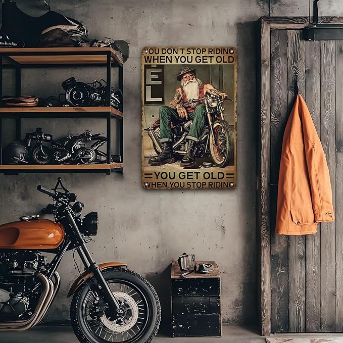 PEACHGARDEN Motorcycle Vintage Tin Signs You Don’t Stop Racing When You Get Old Poster Metal Tin Sign Home Family Lovers Gift Funny Bedroom Novelty Retro Parlor Courtyard Wall Decor 8x12inch