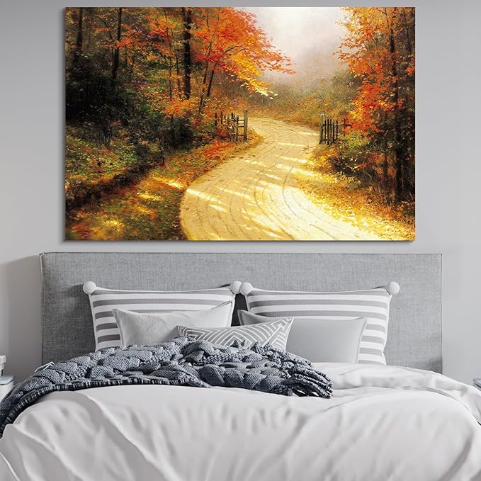STUDIO HAVEN Thomas Kinkade Canvas Wall Art, Autumn Forest Path Golden Leaves Country Lane with Wooden Fence Oil Painting Poster Tranquil Fall Wall Decor, Framed Prints for Home Decor, 36x24Inch