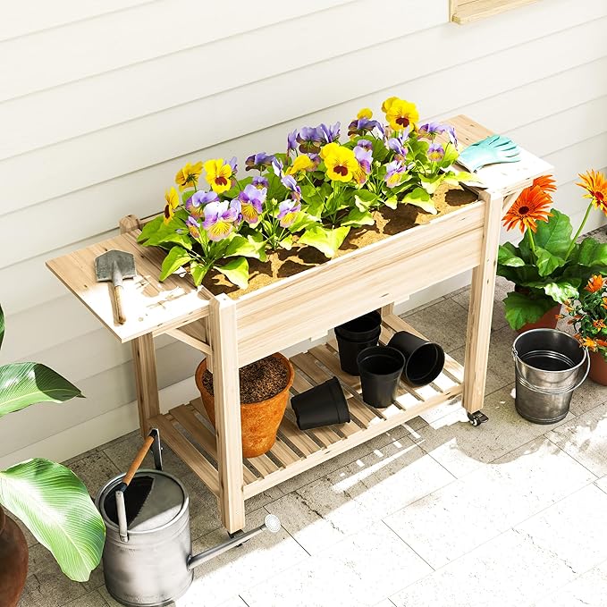 Outsunny Raised Garden Bed, 57 x 20.5 x 34 in Wood Elevated Planter Box with Lockable Wheels, Side Tables and Bottom Shelf, Outdoor Raised Planter with Bed Liner and Drainage Holes, Natural
