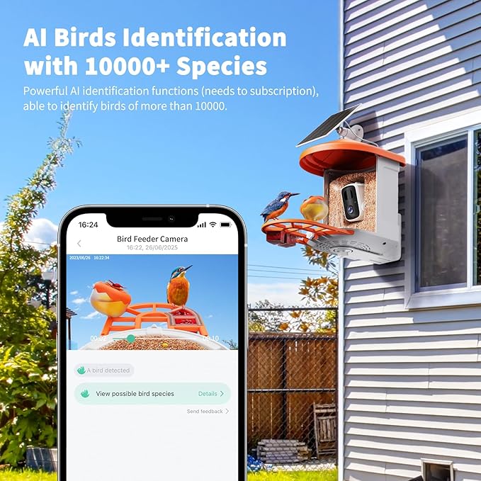 Bird Feeder with Camera with AI Identify Birds Species Solar Powered, Smart Bird House with Cam, 2K HD Video Live Stream, Instant Arrival Alerts - Orange