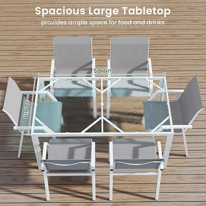 7 Piece Patio Dining Sets for 6, Outdoor Table and Chairs Set with 59in Patio Dining Table and 6pcs Textilene Chairs, All Weather Furniture Set for Backyard Deck Garden
