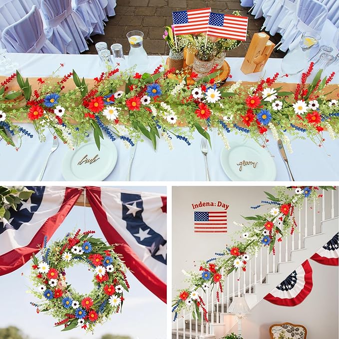 6.56 Ft 4th of July Flower Garland Wreath Patriotic Red Blue White Daisy Vine Garland Artificial Wild Floral Garland for Independence Day Arch Porch Stair Table Indoor Door Home All Year