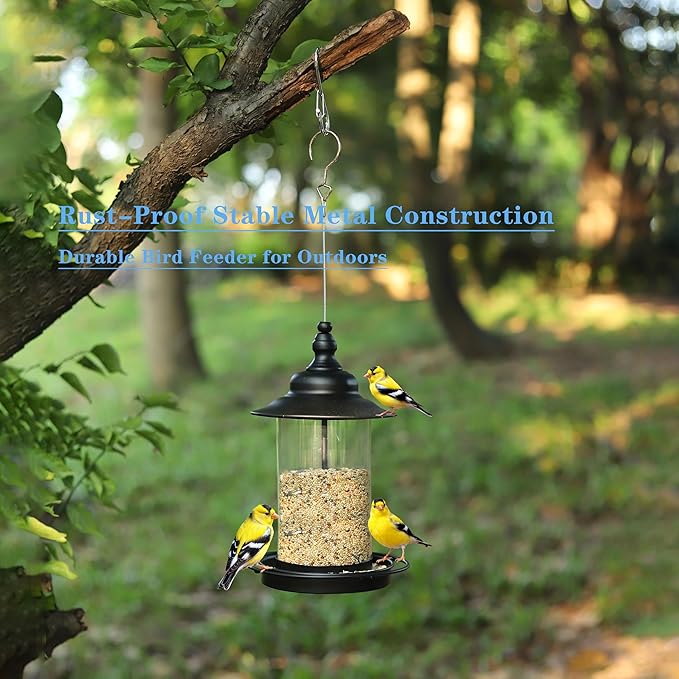 Bird Feeders for Outdoors,Hanging Bird Feeder with Locking Lid, Metal Birdfeeder with 17.5cm Weatherproof Large Roof&Tray,3 Feeding Perches,Chew-Proof, Black,1 Pack