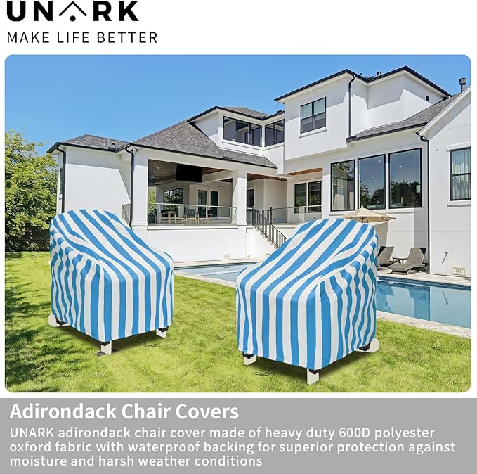Adirondack Chair Covers Waterproof, Patio Chair Covers, Water Resistant Outdoor Furniture Protection, Heavy Duty with Air Vents, 30W 33D 33H Inches, Blue and White Stripe Pattern