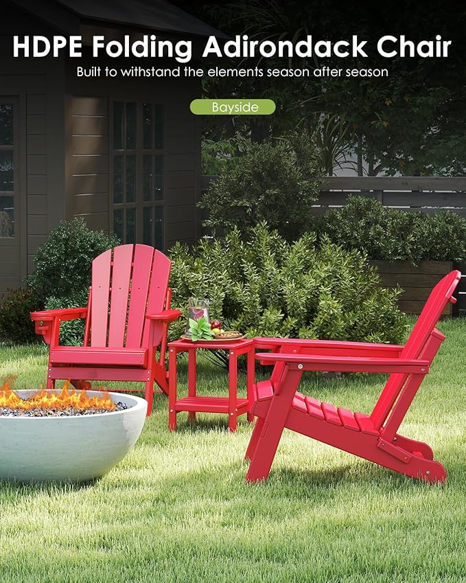 GREENVINES Folding-Adirondack-Chairs-Set-of-4 | HDPE Plastic | Fire Pit Chair | All Weather | Cup Holder | Red | for Deck Backyard Patio Outdoor Garden