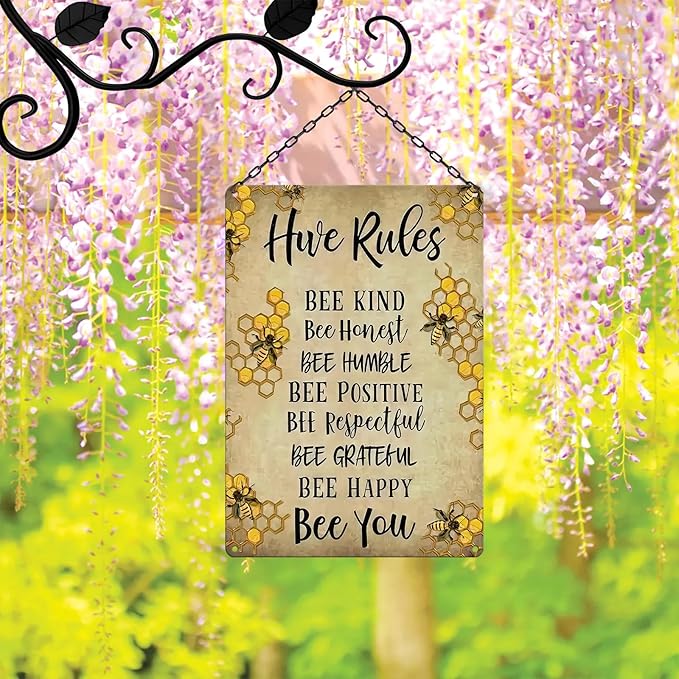 Vintage Hive Rules Metal Tin Sign "BEE KIND BEE HUMBLE Bee POSITIVE BEE Bee Respectful BEE GRATEFUL BEE HAPPY Bee You" Retro Wall Decor for Home Cabin Yard Backyard Decorations (8x12 Inch)