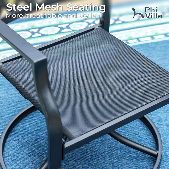 PHI VILLA 3 Piece Outdoor Bistro Set for 2, Metal Steel Round Table & Swivel Wrought Iron Chairs with Cushions, Small Furniture Conversation Set for Patio, Porch, Deck, Balcony