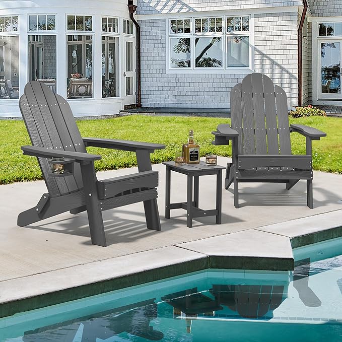 LUE BONA Folding Adirondack Chair 3 Piece Set, Dark Gray HDPS Outdoor Chair with Side Table & Cup Holder for Fire Pit Porch Seating