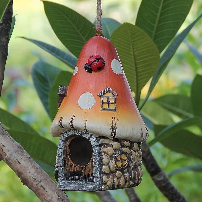 Bird Houses for Outside Hanging Birdhouses Outdoor Decor Unique Mushroom Bird House with Pole for Small Humming Bird Blue Wren Finches Bluebird Nesting Decorative Garden Decoration