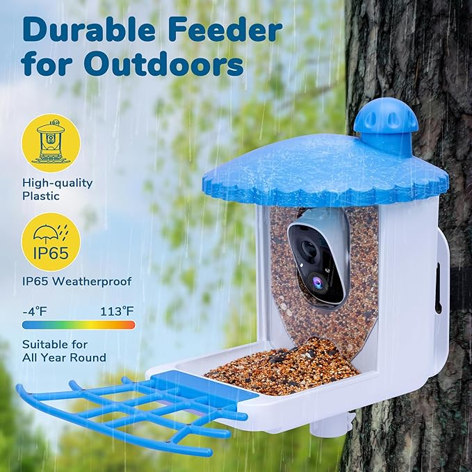 Bird Feeder with Camera, Equipped with 5000mAh Battery and Solar Panel, AI Bird Species Identification, 2K HD Video, Best Gift for BirdLovers