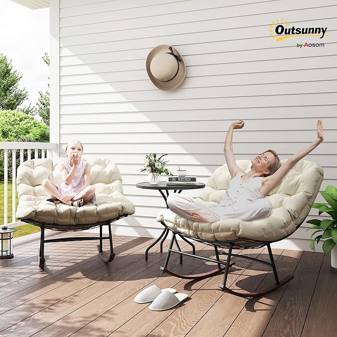 Outsunny Outdoor Rocking Chair Set of 2, Oversized Rocking Papasan Chairs with Cushions, Steel Frame, Comfy Outdoor Rockers for Patio Porch Lawn Garden, Beige