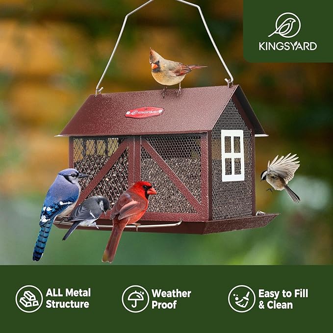 Kingsyard Metal Bird Feeder for Outdoors Hanging, 2-in-1 Wild Bird Feeder with Seed Tray & Built-in Perch, 5 lb Large Capacity for Cardinal Chickadee Finch, Bronze