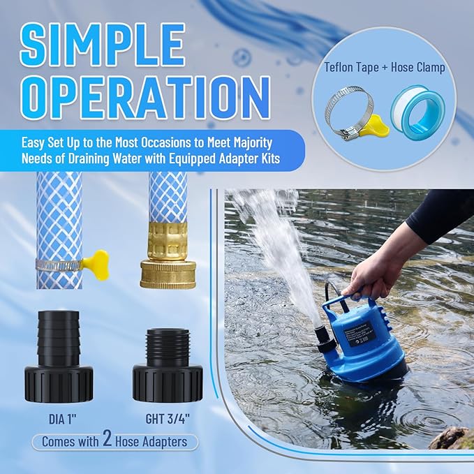 1 HP Submersible Water Pump 3500 GPH Portable Small Sump Pump For Pool Cover, Basements, Puddles, Gardens Ponds With 16.4 Ft Power Cord and Hose Adapters, Blue