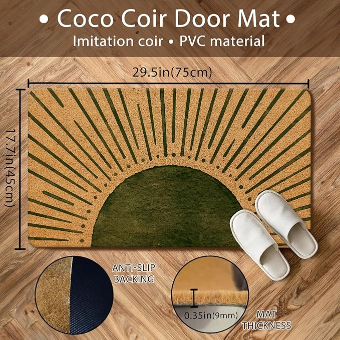 Nogrit Boho Coir Doormat for Outdoor Entrance Front Door Mats Outdoor, Green Boho Welcome Mat Door Mat Indoor Door Mats for Entryway, 17x30 (Green Sun)