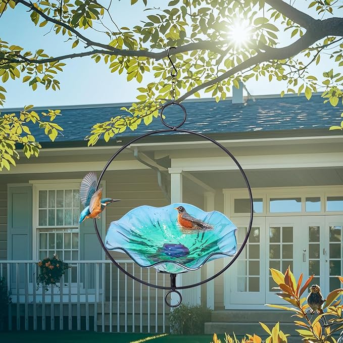 MUMTOP Hanging Bird Bath-Bird Baths for Outdoors - Flower Glass Bird Water Bowl with Hanging Circle, Bird Feeders for Outside, Garden, Lawn Yard Decor（Cyan）