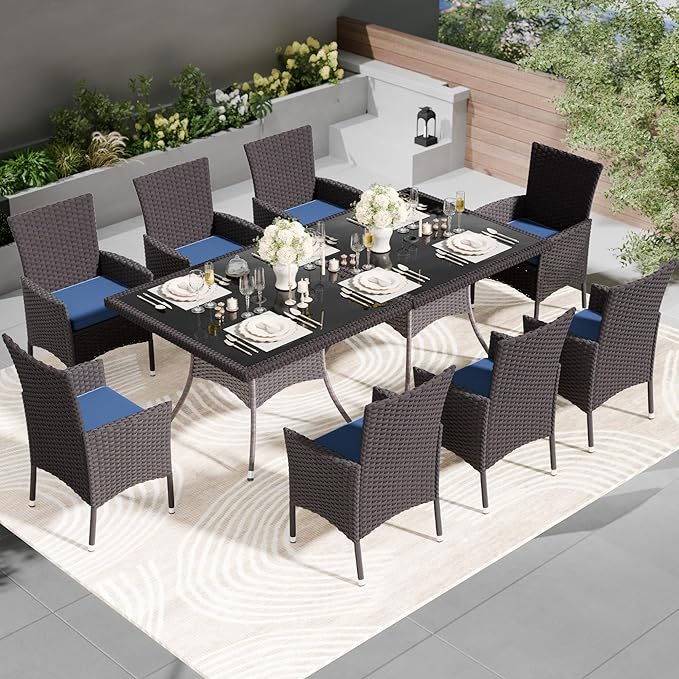 Kullavik 10-Piece Outdoor Dining Set Patio Rattan Furniture Set,Patio Dining Table and Chairs Set with 8 Chairs and Cushions,Square Glass Tabletop with Umbrella Hole for Patio,Navy Blue