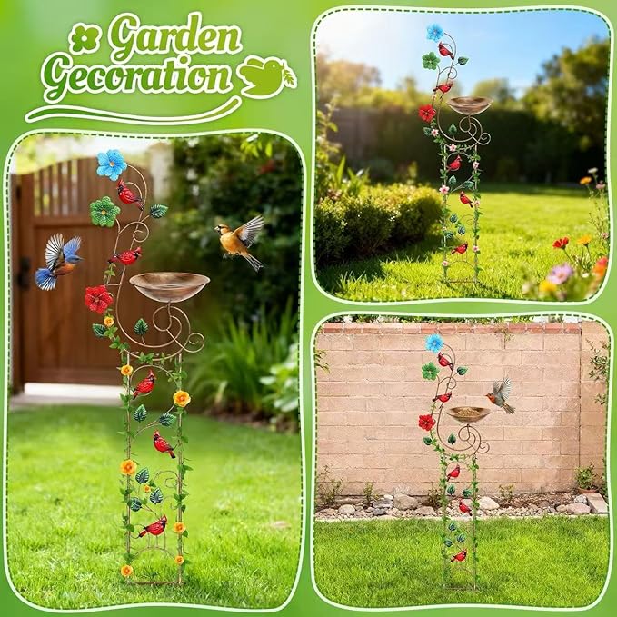 Bird Baths with Trellis for Climbing Plants Outdoor, Small Garden Plant Trellis, Metal Birdbath Birdfeeder Bird Water Feeder with Iron Bowl, Antique Plant Support Structures (Redbird)
