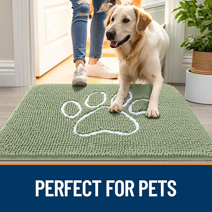 OLANLY Dog Door Mat for Muddy Paws 47x32, Paw Print Design, Absorbs Moisture and Dirt, Non-Slip Washable Doormat, Quick Dry Chenille Mud Mat for Dogs, Entry Indoor Entryway Carpet, Sage Green