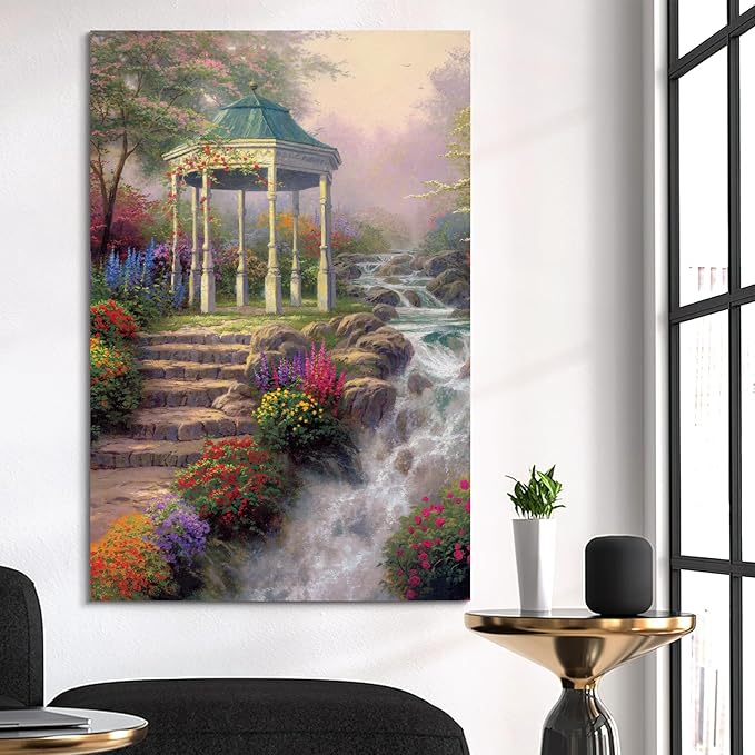 STUDIO HAVEN Thomas Kinkade Canvas Wall Art, Ornate Garden Pavilion Cascading Stream Colorful Wildflowers Oil Painting Poster Tranquil Nature Wall Decor, Framed Prints for Home Decor, 20x28Inch