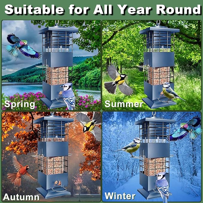 Squirrel Proof Bird Feeder,3Lbs Metal Birdfeeders Squirrel Proof with 4 Feeding Ports forOutdoors Hanging, Birdseed Feeder for Cardinal, Sparrow,Bluejay,Outside (Blue)
