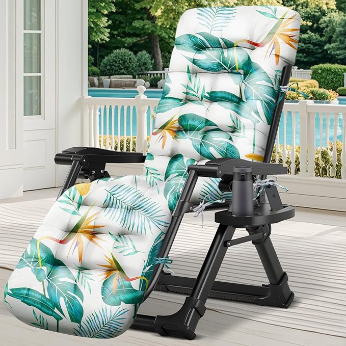 Outdoor Chaise Lounge Chair Cushion Waterproof 66 x 21 x 4 Inches Cotton Lounge Chair Cushions with Ties, Soft Thickened Lounge Chair Cushions for Indoor Outdoor Furniture (Yellow-green Leaf)