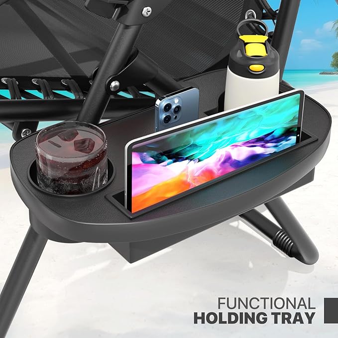 Magshion Zero Gravity Lounge Chair, Adjustable Folding Recliner with Cup Holder Side Tray & Removable Headrest Pillow, Portable Outdoor Patio Lounger for Camping, Beach, Lawn, Backyard, Black