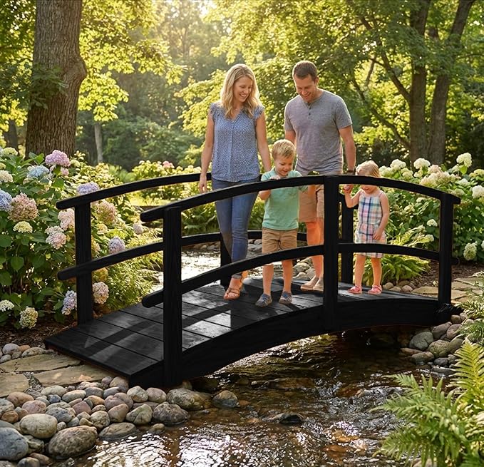 8 FT Black Amish Made Garden Bridge with Double Rails for Walkway, Backyard Pond & Landscaping, Outdoor Wooden Footbridge for Koi Pond, Japanese Style Decorative Bridge, Made in USA