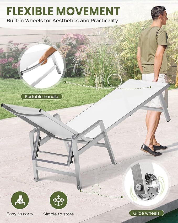 Patio Chaise Lounge Chair Outdoor with Wheels&Armrests, Aluminum Pool Lounge Chairs Set of 2 Five-Position Adjustable Recliner, Outdoor Beach Lounge Chairs for Poolside, Patio, Deck, Yard, White