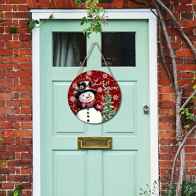 Winter Snowflake Red Door Sign For Front Door Decor,Xmas Snowman Cardinal Bird Wooden Sign 12"x 12" Round Hanging Door Sign Decoration for Wall Rustic Decor