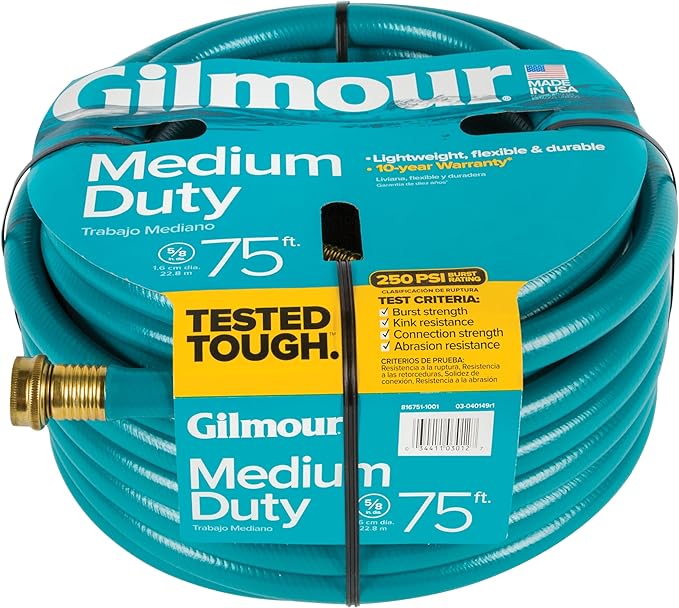 Gilmour Medium Duty 5/8" x 75' Garden Hose, Flexible and Kink Resistant Outdoor Hose