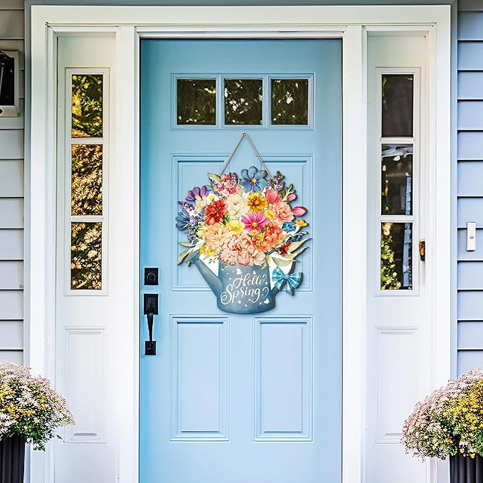 Juexica Hello Spring Door Sign, Flower Door Hanger Wreath, Wooden Hanging Decor, Rustic Welcome Sign for Front Porch, Wall, Pediments Decorations, Floral