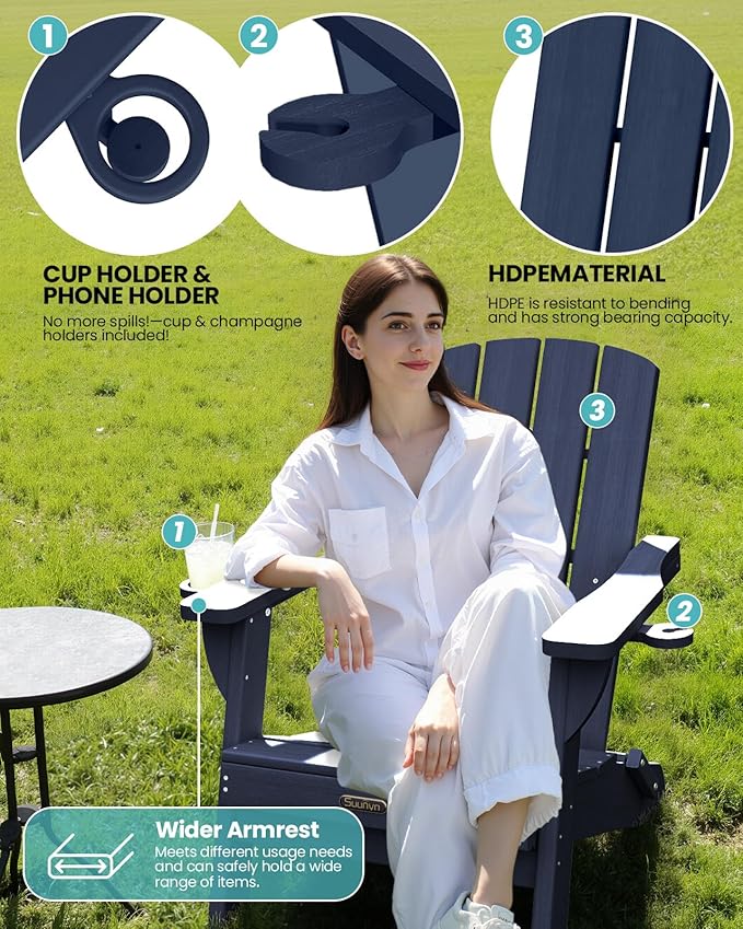 Folding Adirondack Chair 4 Pack, HDPE All-Weather Fire Pit Chairs, Plastic Adirondack Chairs with 2 Cup Holder, Outdoor Lawn Chair for Patio Garden (Navy Blue)