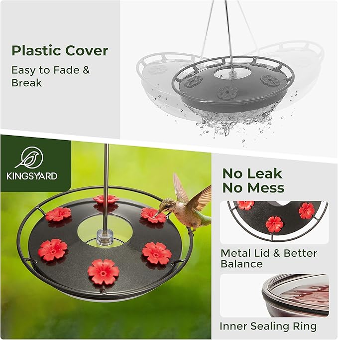 Kingsyard Weatherproof Hummingbird Feeder for Outdoors Hanging - Heavy Duty Metal lid with 6 bee Guard Feeding Ports & Circular Perch, Built-in Ant Moat, Easy to Refill & Clean (12oz/Black)