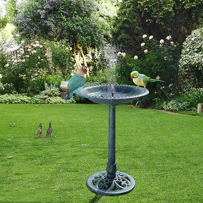 VINGLI 28 Inch Pedestal Bird Bath Solar Fountain Birdbaths with Steel Ground Anchors Weather Resistant Resin Antique Green Garden Decor for Outdoor Lightweight Courtyard…