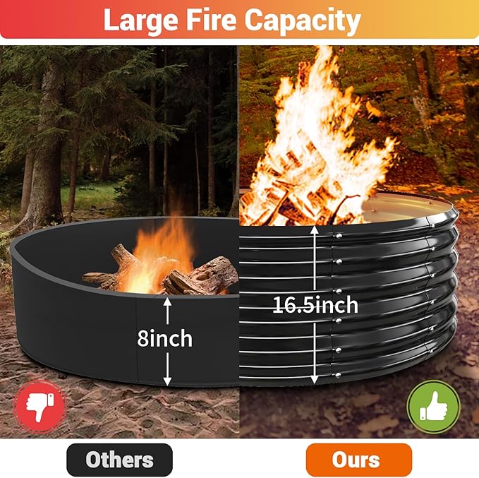 48 Inch Large Outdoor Fire Pit Ring,17" Taller, Heavy Duty High Heat Resistant Wood Burning Firepit for Outside,Galvanized Steel Outdoor Fireplace & Fire Pits Bowl for Backyard Bonfire, Patio,Camping