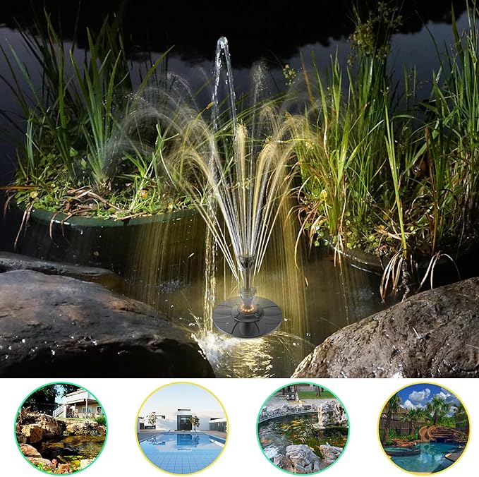 Electric Floating Pond Fountain Wram White LED Lights, Built-in Filter System, Waterfall Fountain Pump,32.8ft Power Cord, Day and Night Lighting, Energy Saving for Above Ground Pools