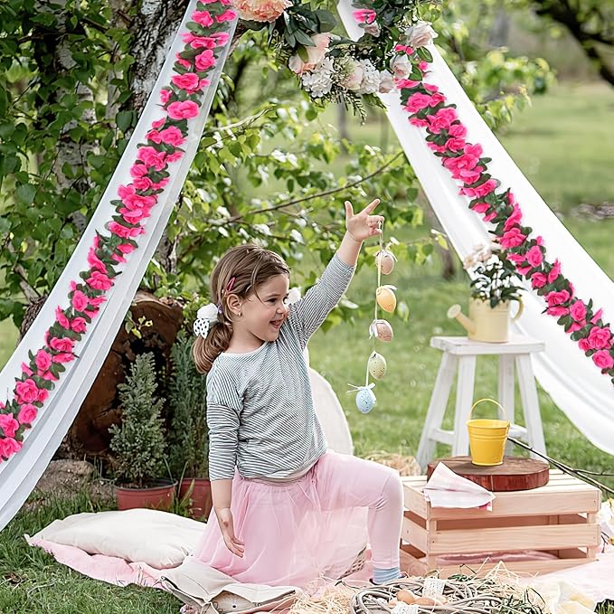 KHOYIME 9 Pack 72 FT Artificial Flower Garland, Fake Hot Pink Roses Vines Silk Flowers Faux Plastic Outdoor Hanging Floral Ivy Garland Decoration for Wedding Arch Bedroom Home Wall Backdrop Room Decor