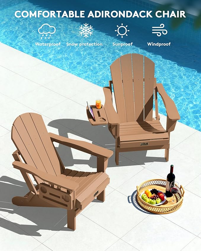 SERWALL Folding Adirondack Chair Set of 2, Outdoor Chairs with 4 in 1 Cup Holder, Wood Texture Adirondack Chairs, Weather Resistant Fire Pit Chairs for Patio Deck Garden, Backyard - Brown