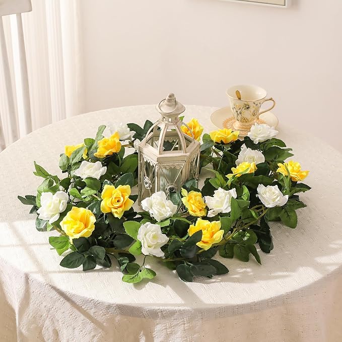 JUSTOYOU Artificial Rose Vines Yellow Flowers Garland Hanging Silk Rose Vine for Wedding Home Office Arch Arrangement Decoration 7.6FT(2PCS)